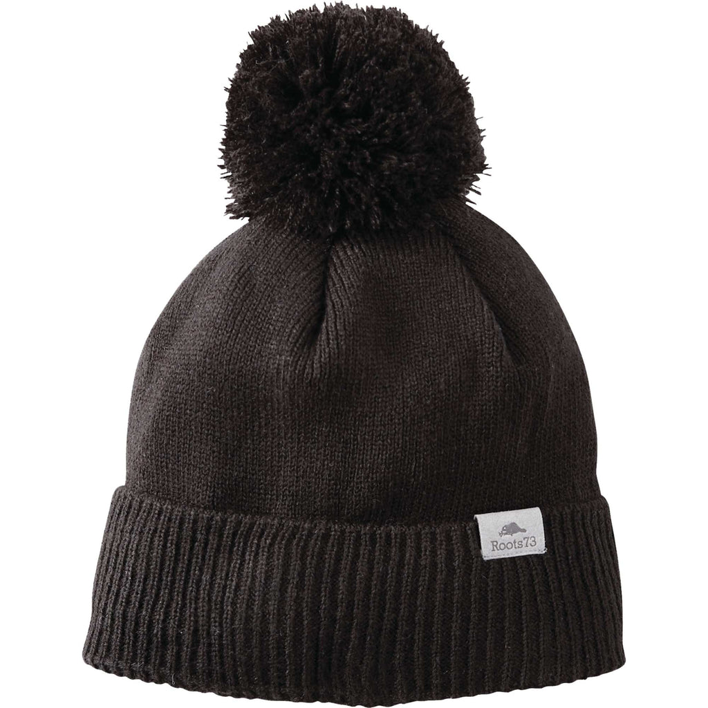 Roots73 Shelty Pom Beanie with Fleece Band Embroidery - Black - Flat