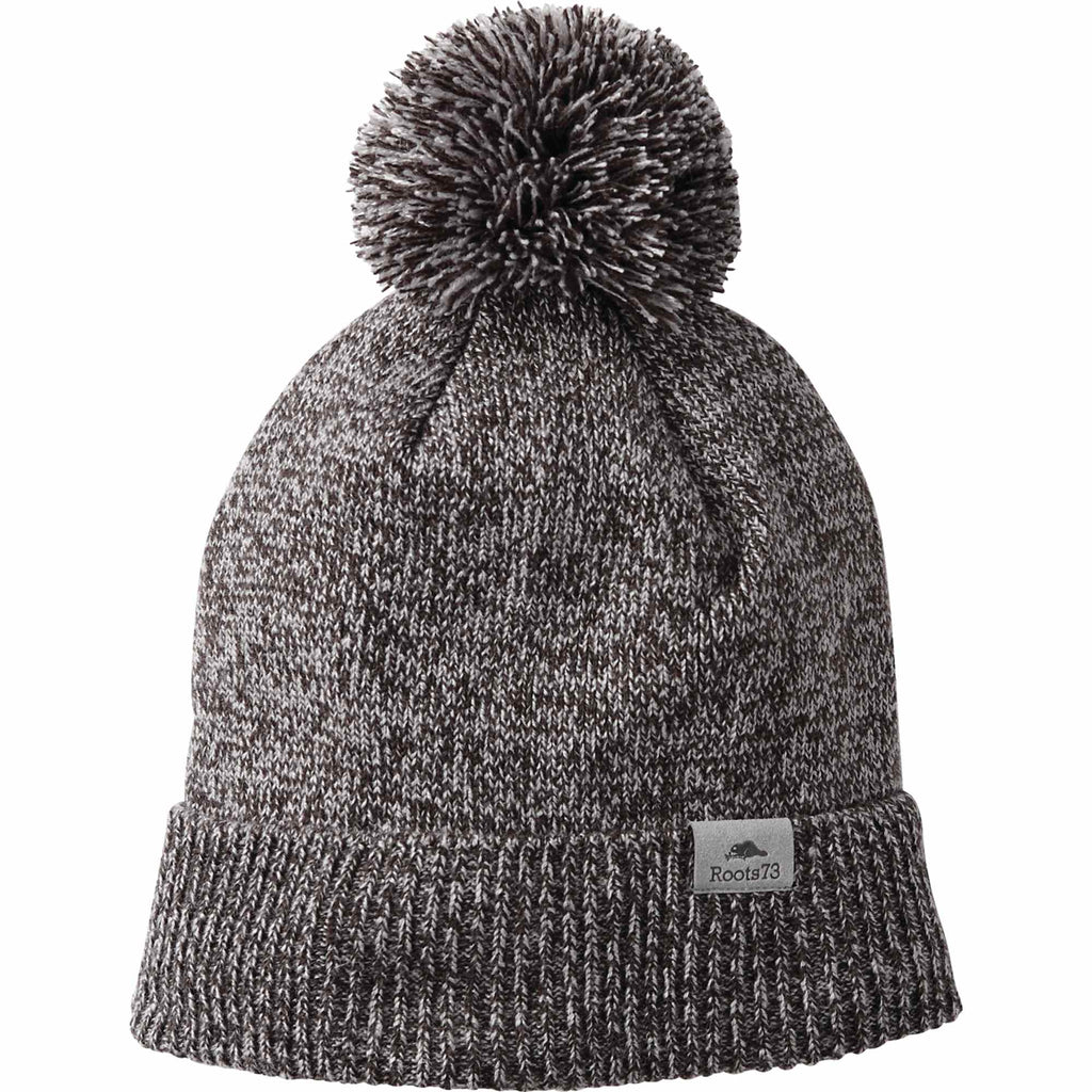 Roots73 Shelty Pom Beanie with Fleece Band Embroidery - Dark Charcoal Mix - Flat