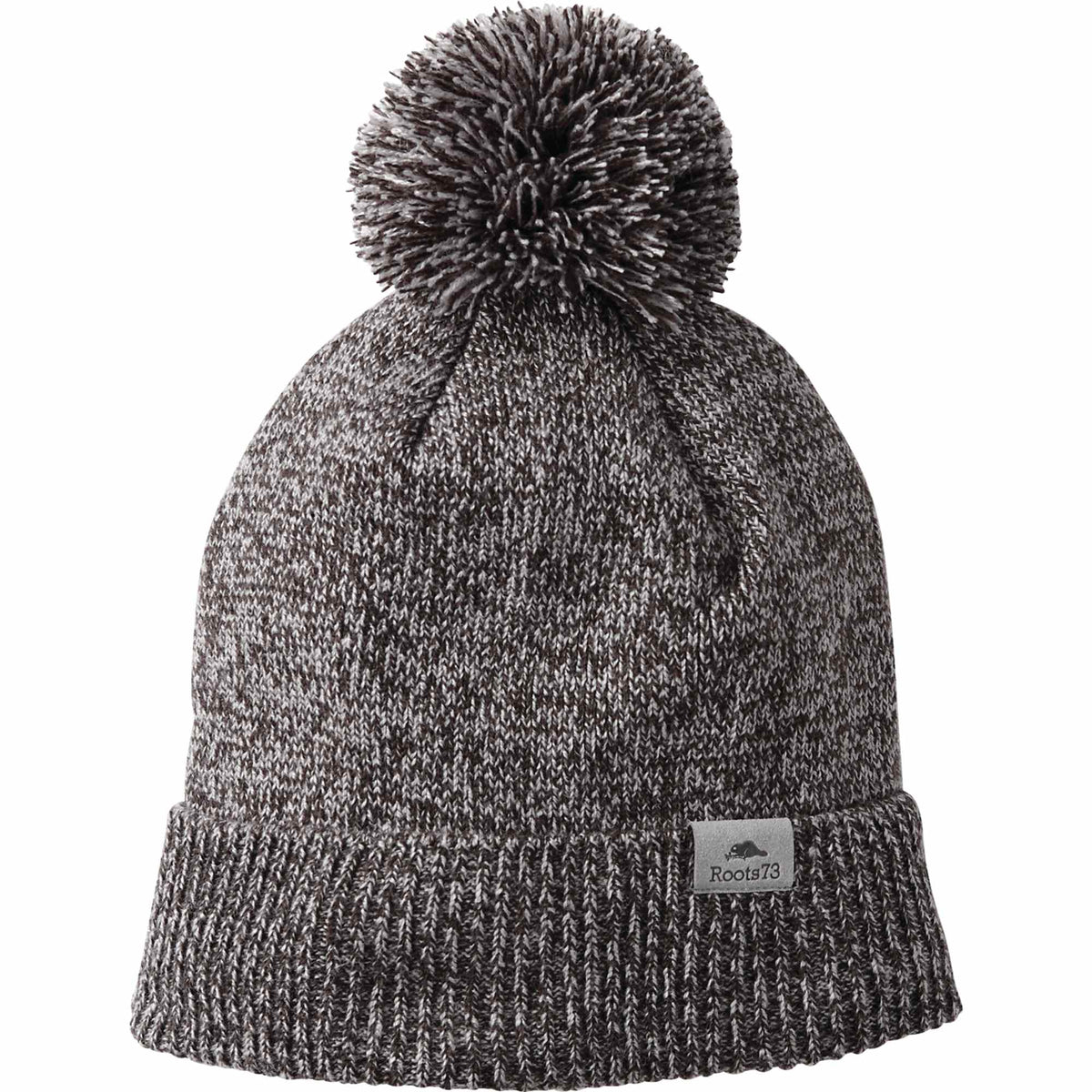Roots73 Shelty Pom Beanie with Fleece Band Embroidery - Dark Charcoal Mix - Flat