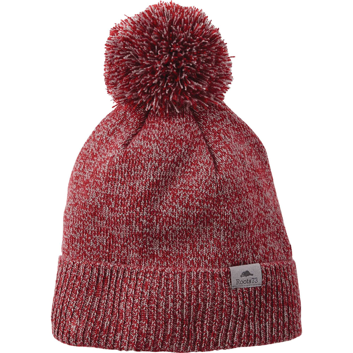 Roots73 Shelty Pom Beanie with Fleece Band Embroidery - Dark Red Heather - Flat