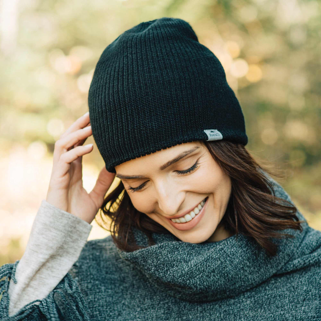 Roots73 Virden Rib Knit Beanie Embroidery - Black - On Model