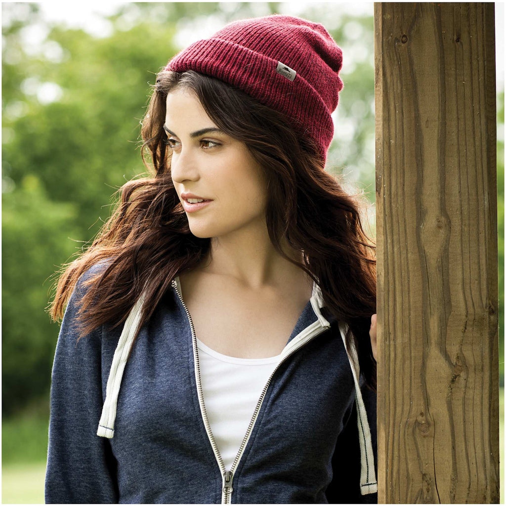 Roots73 Virden Rib Knit Beanie Embroidery - Dark Red Heather - Front On Model