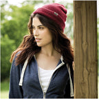 Roots73 Virden Rib Knit Beanie Embroidery - Dark Red Heather - Front On Model