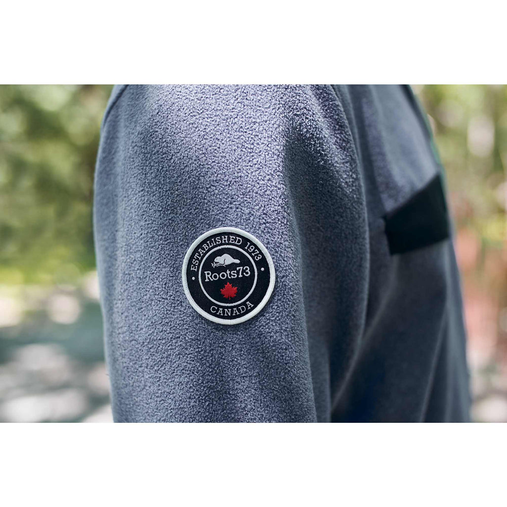 Roots73 Westville Recycled Microfleece Pullover for Men Embroidery - Denim Mix - On Model Detail