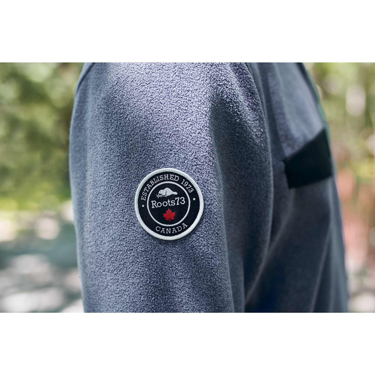 Roots73 Westville Recycled Microfleece Pullover for Men Embroidery - Denim Mix - On Model Detail