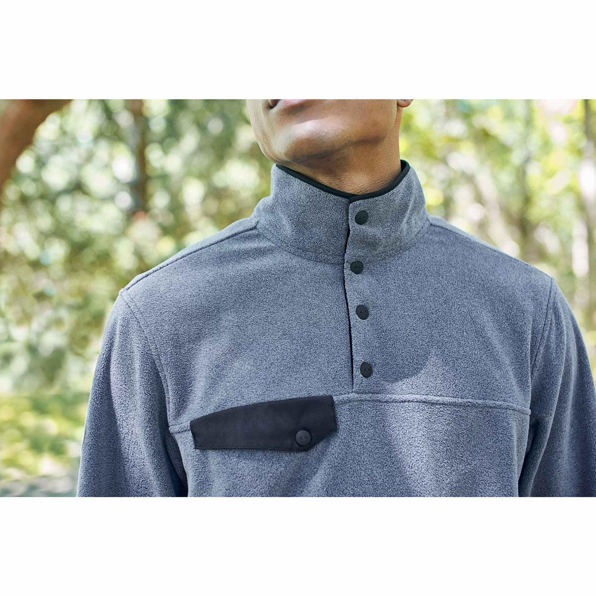 Roots73 Westville Recycled Microfleece Pullover for Men Laser Engraving - Denim Mix - On Model Detail 2