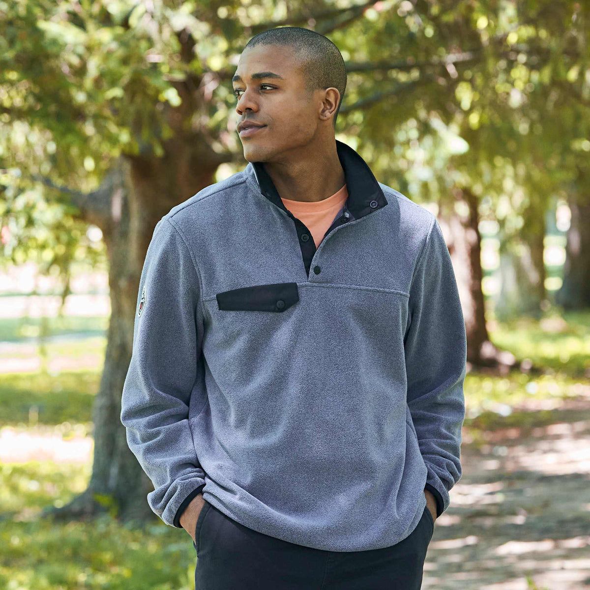 Roots73 Westville Recycled Microfleece Pullover for Men Laser Engraving - Denim Mix - On Model