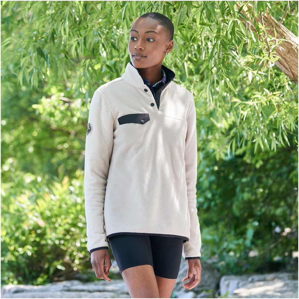 Roots73 Westville Recycled Microfleece Pullover for Women Embroidery - Oatmeal - On Model 3