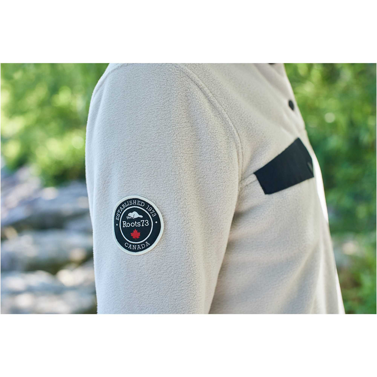 Roots73 Westville Recycled Microfleece Pullover for Women Laser Engraving - Oatmeal - On Model Detail 2