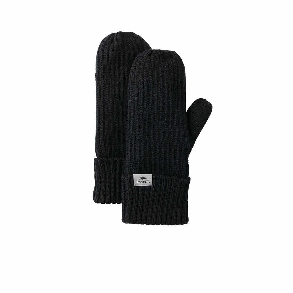 Roots73 Woodland Heather Knit Mitts with Fleece Lining Embroidery - Black - Front Flat
