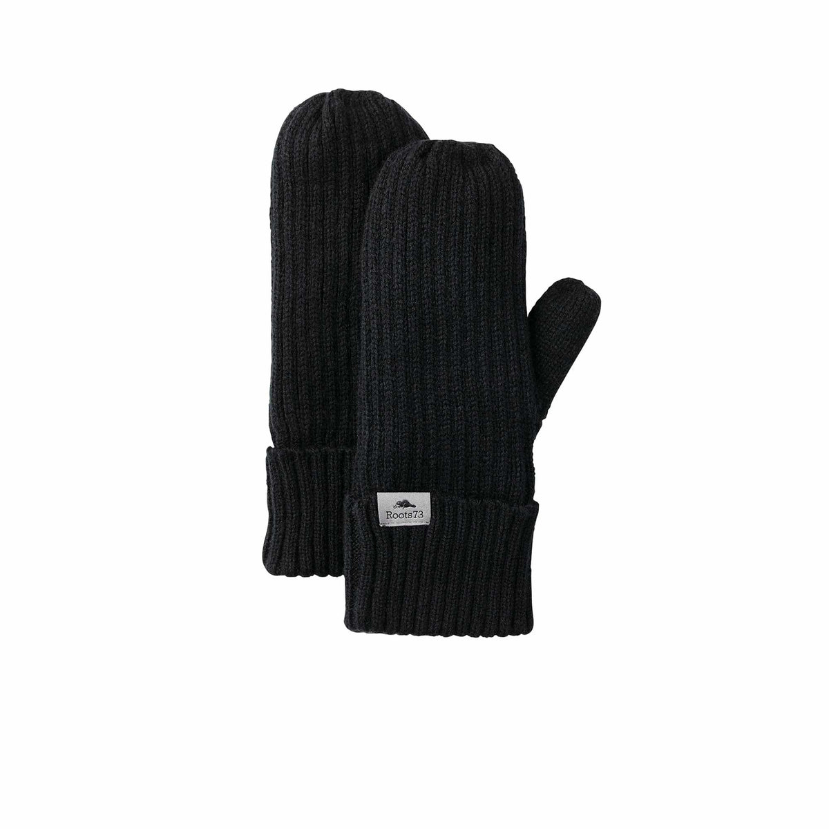 Roots73 Woodland Heather Knit Mitts with Fleece Lining Embroidery - Black - Front Flat