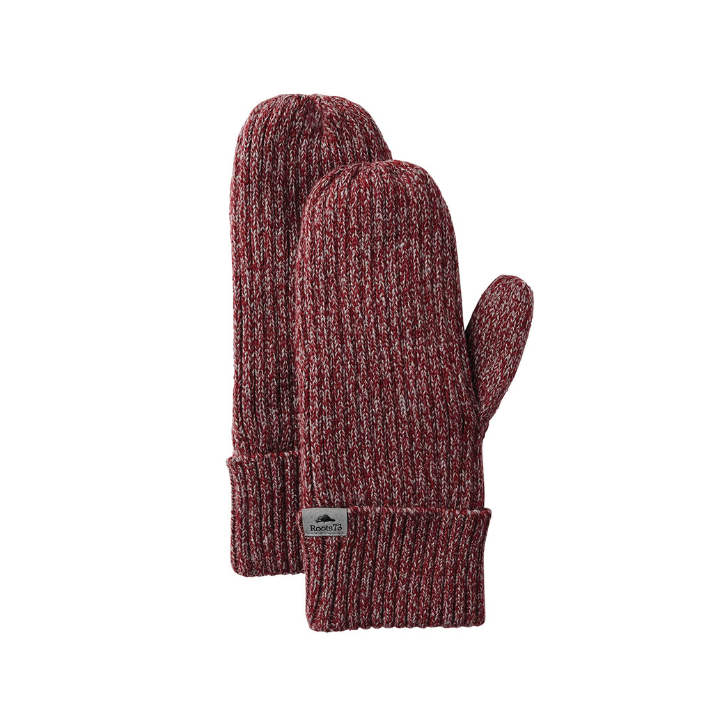 Roots73 Woodland Heather Knit Mitts with Fleece Lining Embroidery - Dark Red Heather - Front Flat