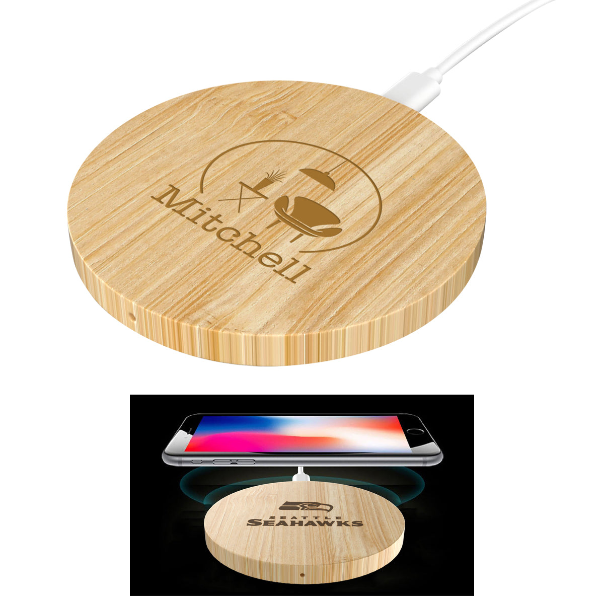 Round Bamboo Wireless Charger, 15W - Bamboo - Laser Engraving