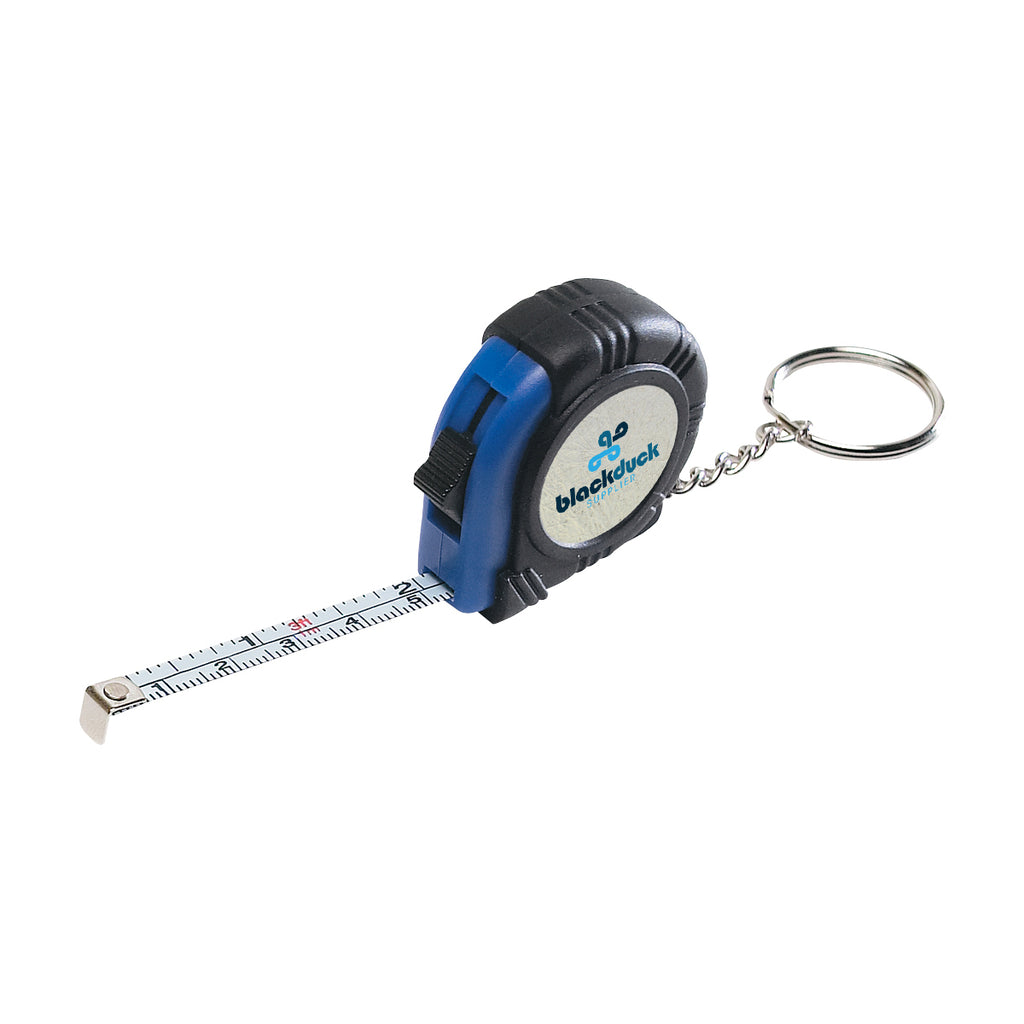 Rubber Tape Measure Key Tag, Laminated Label - Blue - Full Color on a White Label