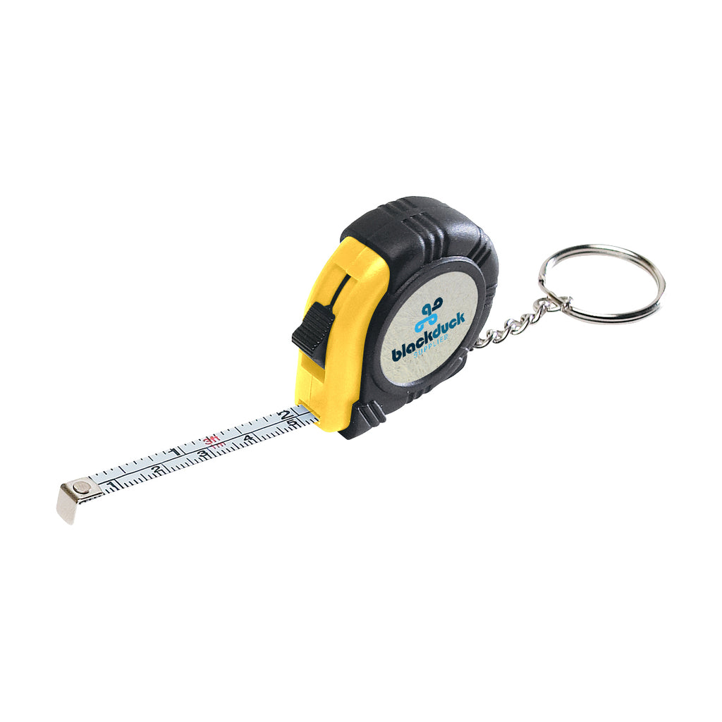 Rubber Tape Measure Key Tag, Laminated Label - Yellow - White_Label