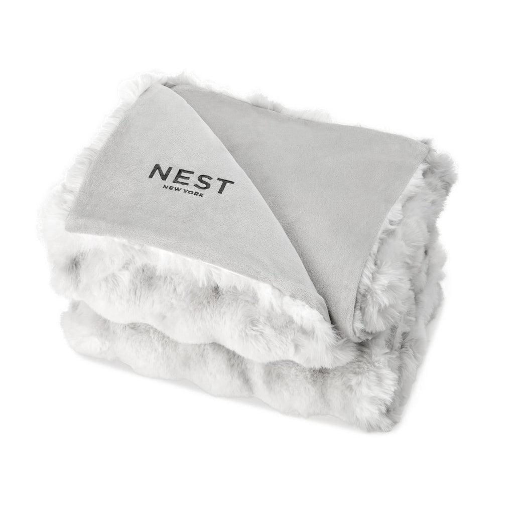 Ruched Faux Fur Blanket in Recycled Polyester, 50 x 60 Inches Embroidery - Ivory Frost - View 3