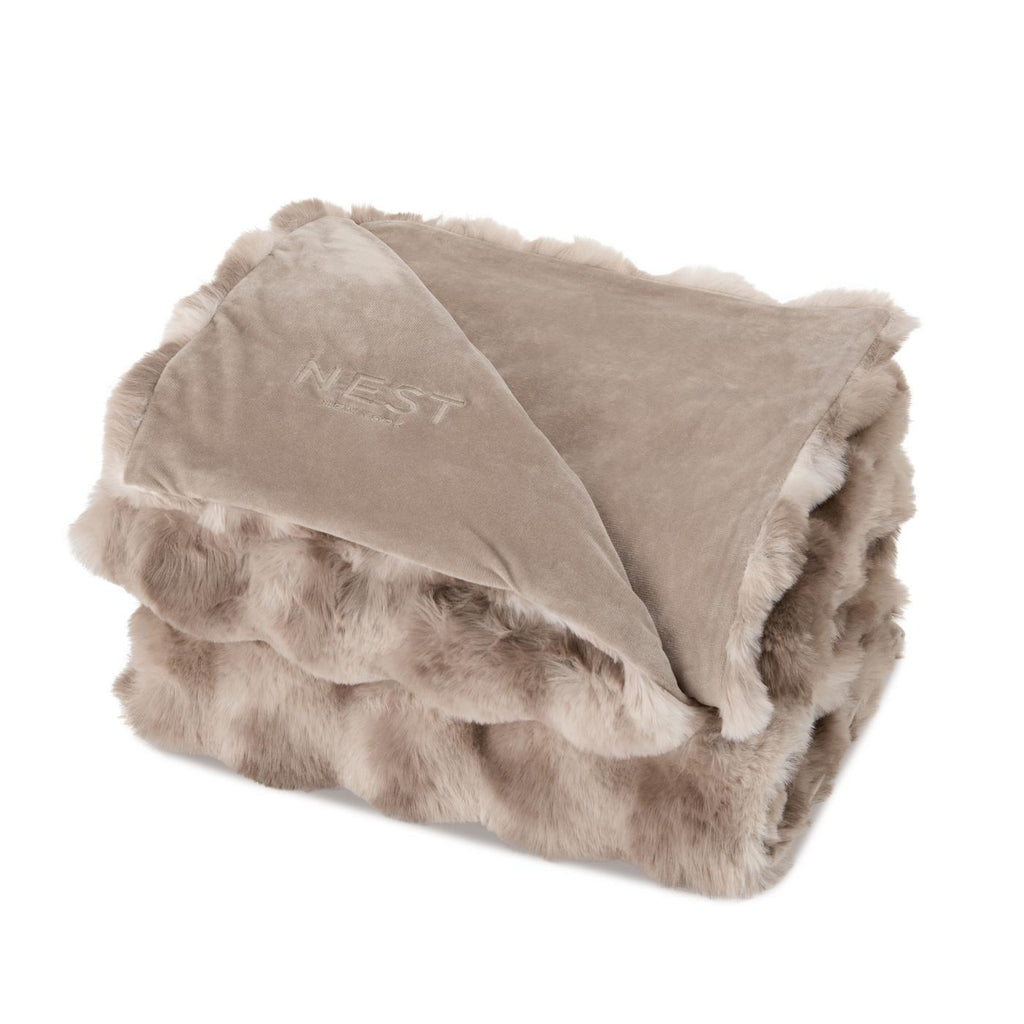 Ruched Faux Fur Blanket in Recycled Polyester, 50 x 60 Inches Embroidery - Mocha Frost - View 2
