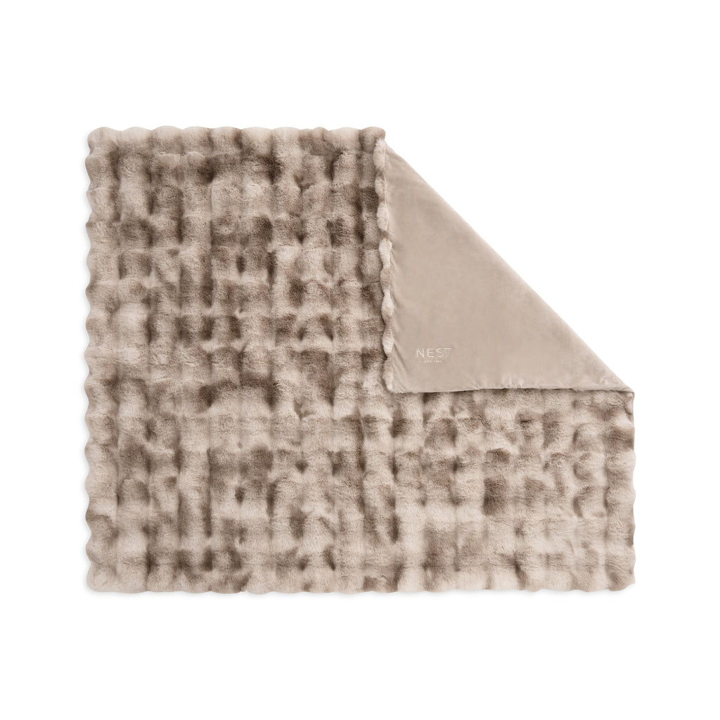 Ruched Faux Fur Blanket in Recycled Polyester, 50 x 60 Inches Embroidery - Mocha Frost - View 3