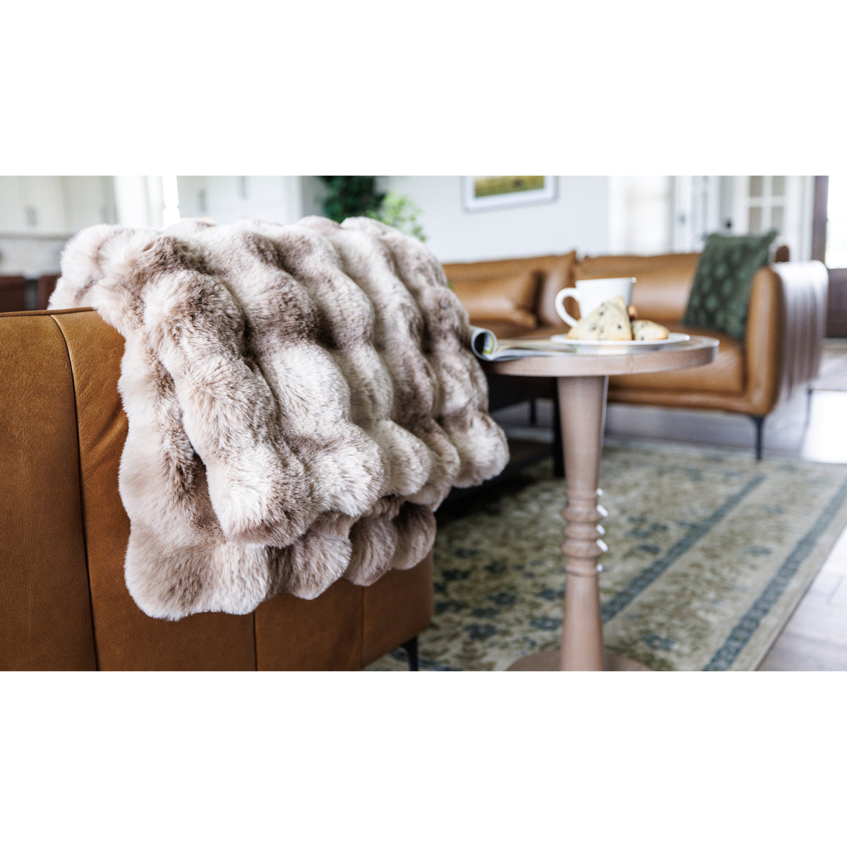 Ruched Faux Fur Blanket in Recycled Polyester, 50 x 60 Inches Embroidery - Mocha Frost - View 4