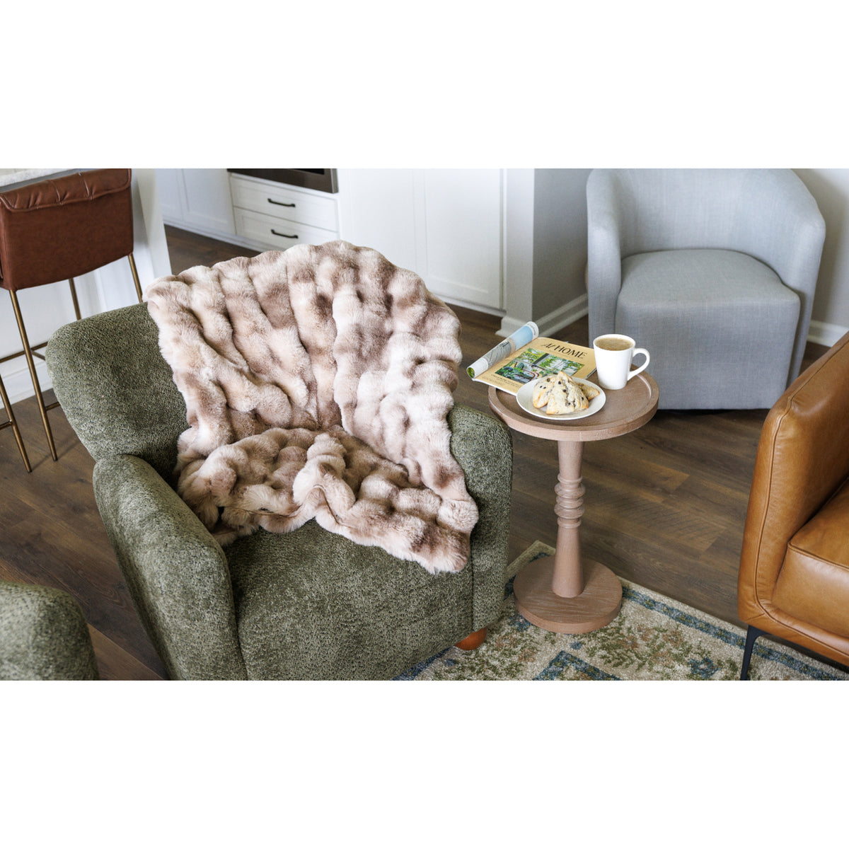 Ruched Faux Fur Blanket in Recycled Polyester, 50 x 60 Inches Embroidery - Mocha Frost - View 5