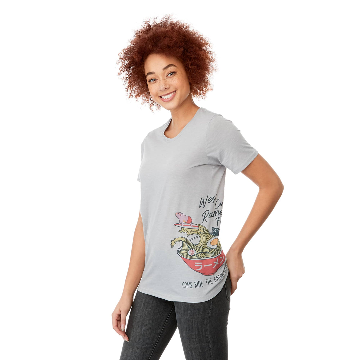 Sarek Crew Neck Tee with Chainstitch Detail for Women Transfer - Heather Grey - On Model