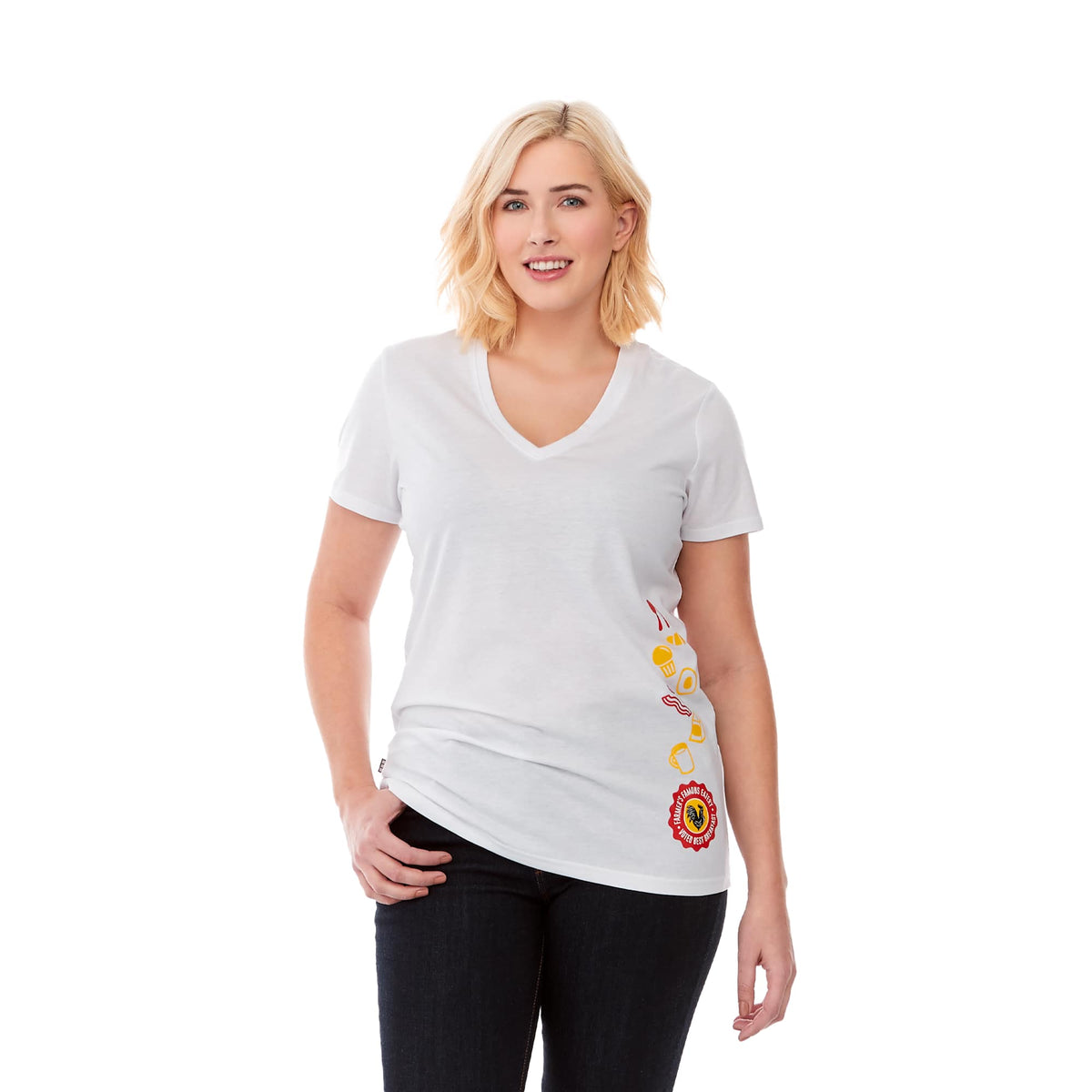 Sarek V-Neck Tee with Chainstitch Detail for Women Transfer - White Solid - Front On Model