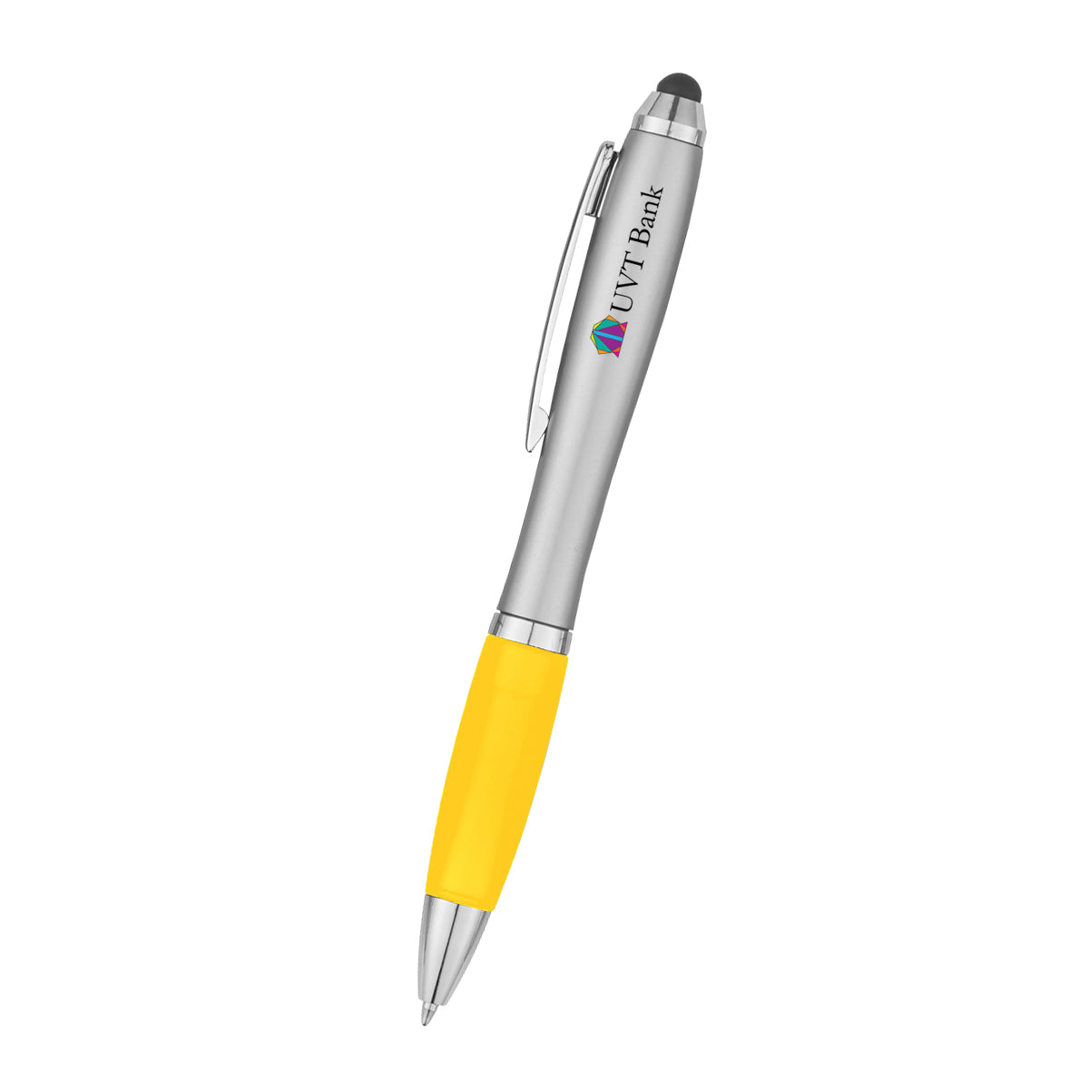 Satin Pen with Stylus Tip - Silver With Yellow - Full Color