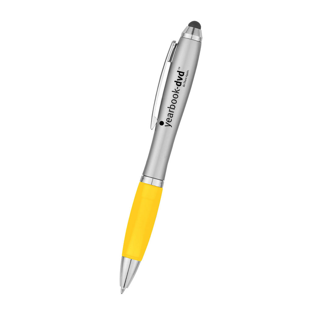 Satin Pen with Stylus Tip - Silver With Yellow - Silk Screen