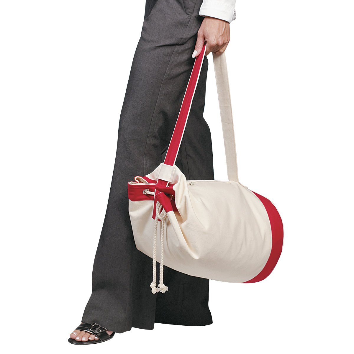 Schooner Tote Bag in Cotton Canvas Embroidery - Natural with Red - Inuse1