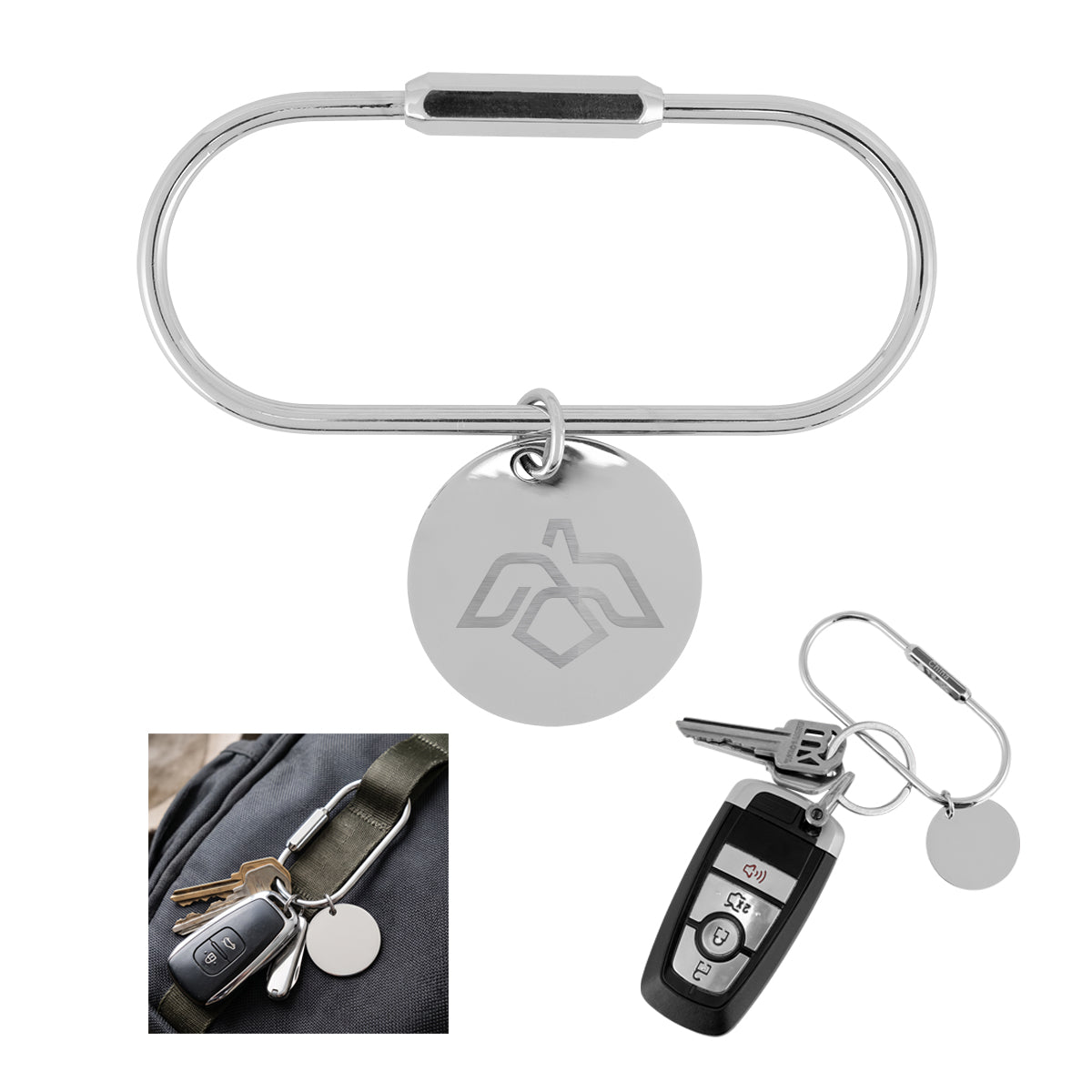 Screw Lock Key Ring and Round Charm - Silver - Laser