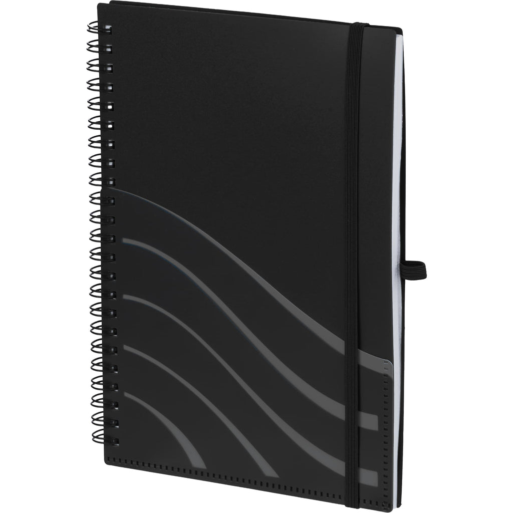 Scripto Recycled Spiral Notebook with Front Pockets, 5.5 x 8.5 Inches - Black - Left Angle