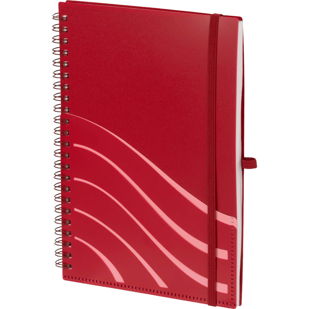 Scripto Recycled Spiral Notebook with Front Pockets, 5.5 x 8.5 Inches - Red - Left Angle