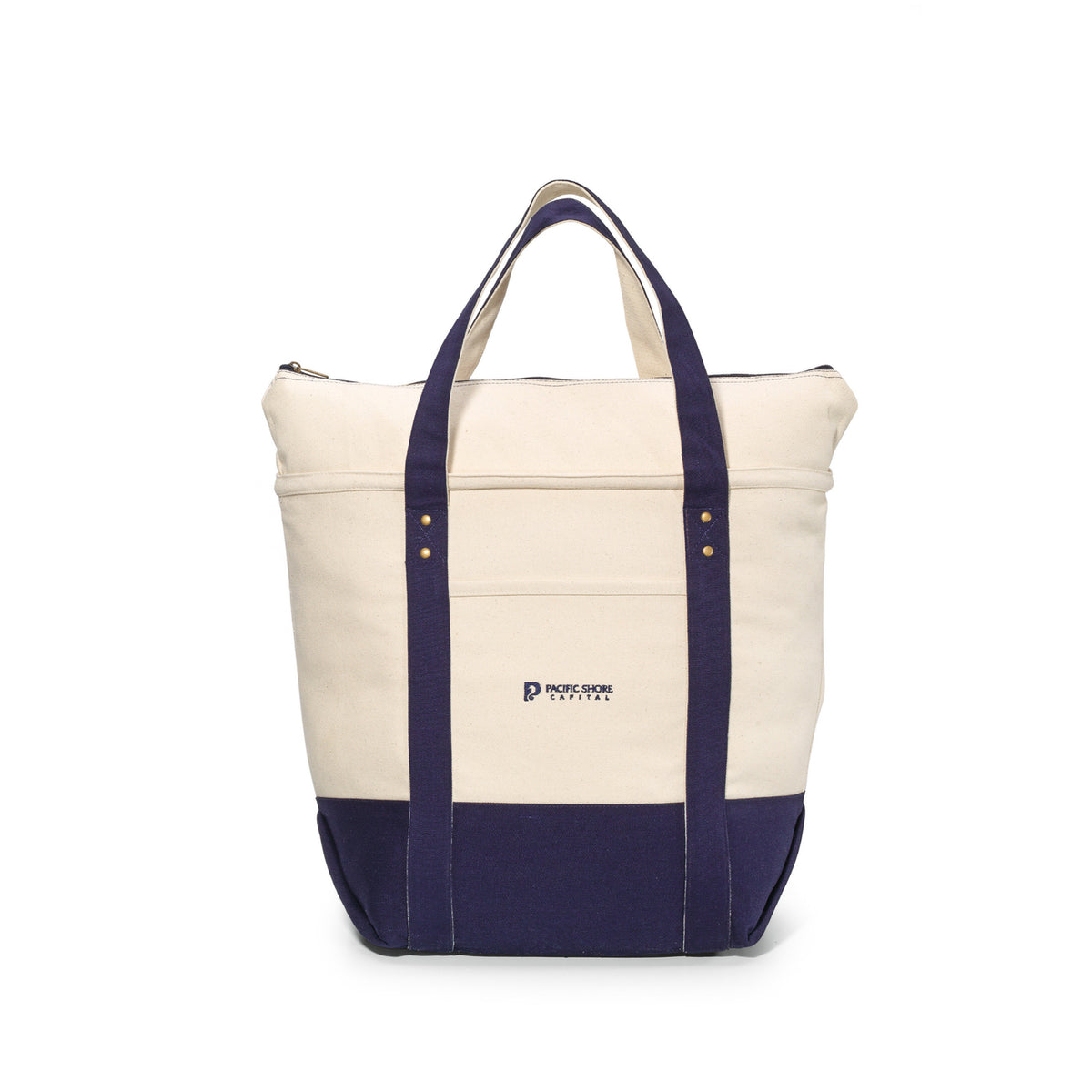Seaside Cotton Canvas Zip Tote with Brass Rivets - Navy Blue - View 2