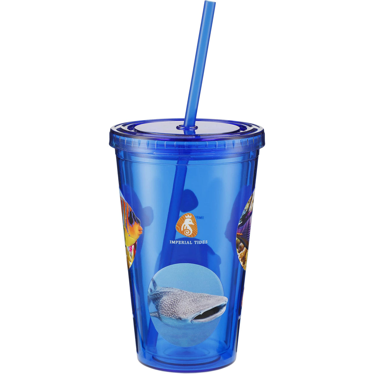 Sedici Double Wall Tumbler with Straw, 16 oz - Blue - Back
