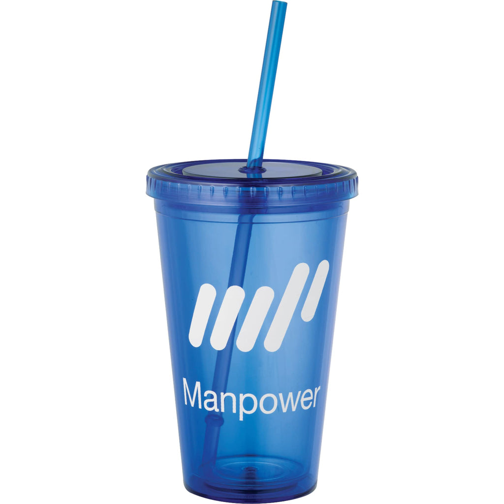 Sedici Double Wall Tumbler with Straw, 16 oz - Blue - Front 2