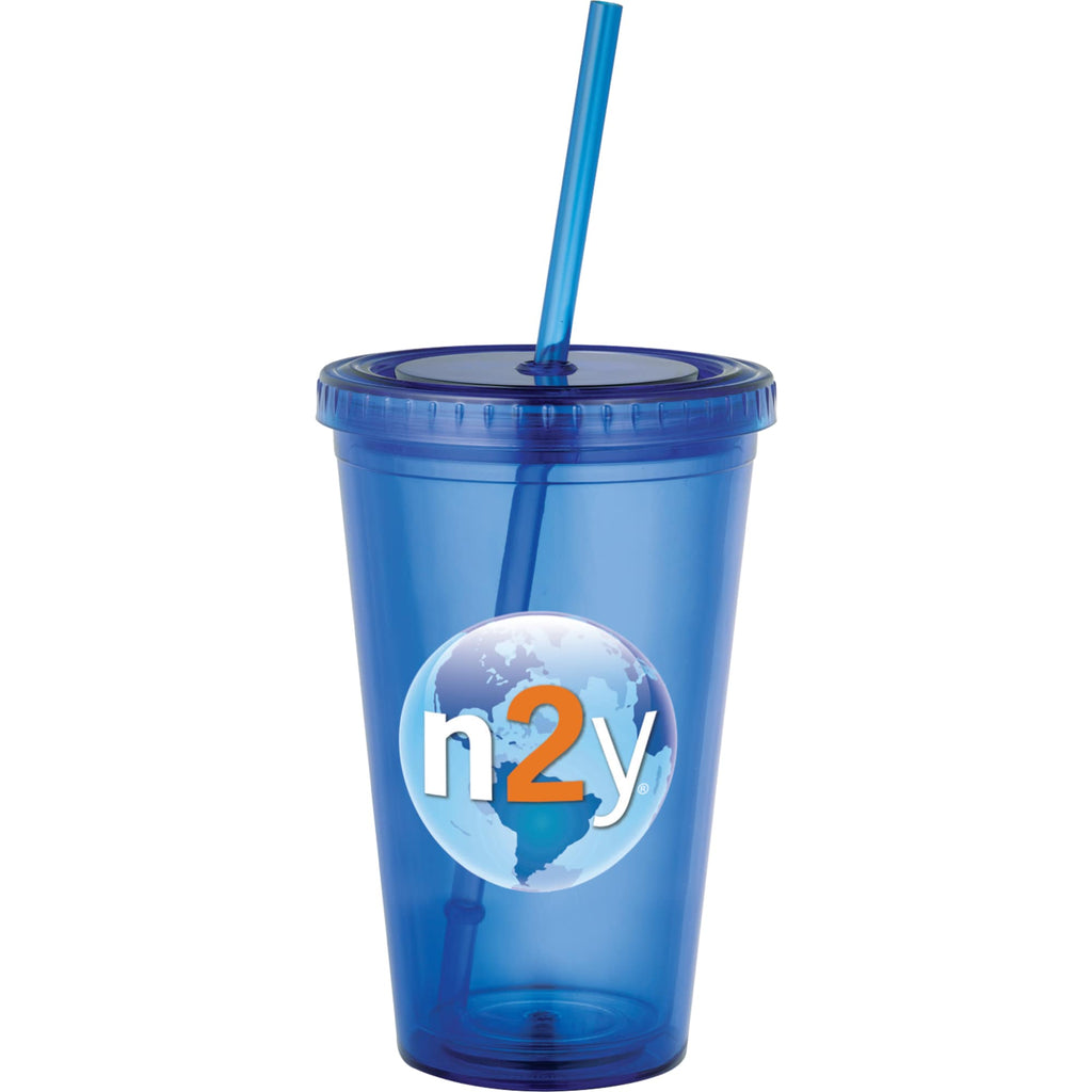 Sedici Double Wall Tumbler with Straw, 16 oz - Blue - Front 3