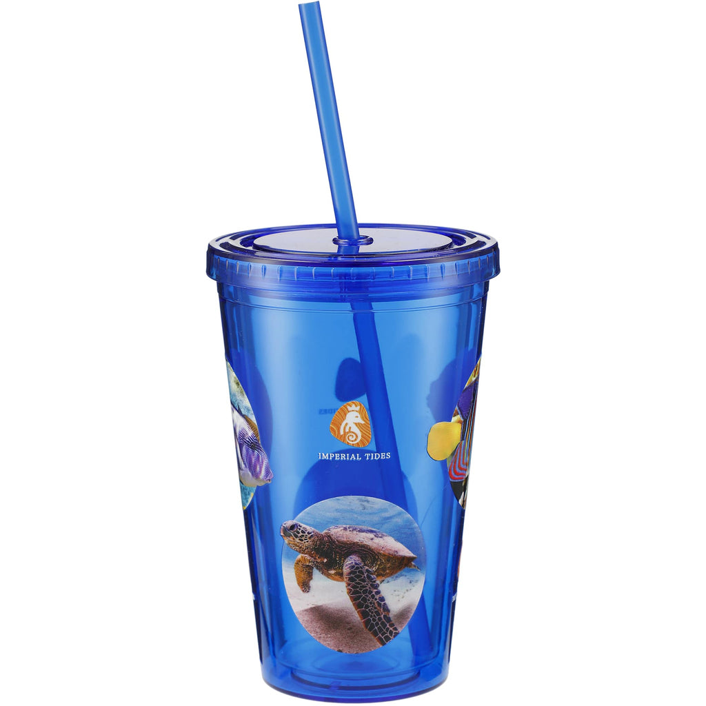 Sedici Double Wall Tumbler with Straw, 16 oz - Blue - Front 4