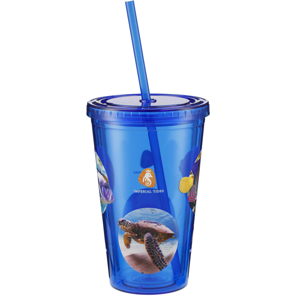 Sedici Double Wall Tumbler with Straw, 16 oz - Blue - Front 4