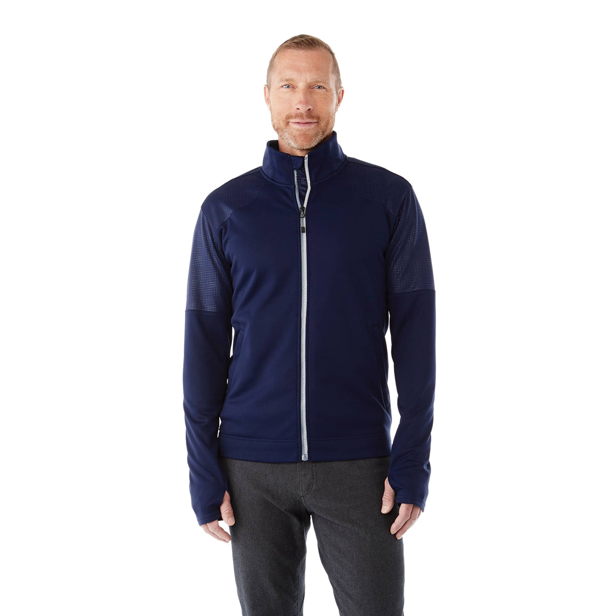 Senger Performance Knit Full Zip Jacket with Thumb Holes for Men Transfer - Vintage Navy - Front On Model