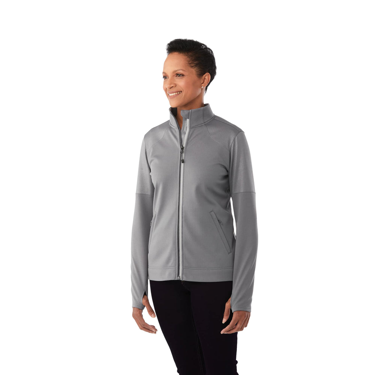 Senger Performance Knit Full Zip Jacket with Thumb Holes for Women Debossing - Steel Grey - On Model 4