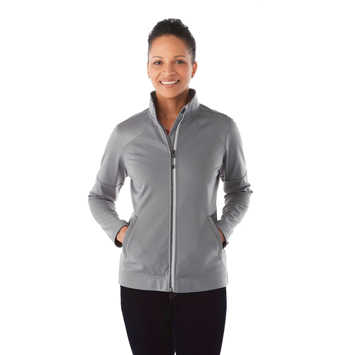Senger Performance Knit Full Zip Jacket with Thumb Holes for Women Embroidery - Steel Grey - Front On Model