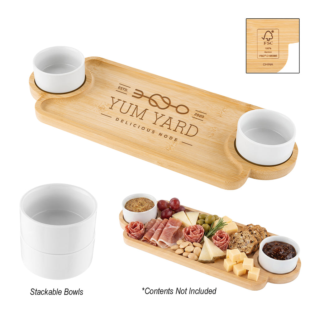 Serving Tray with Porcelain Bowls, Bamboo - Laser Engraving