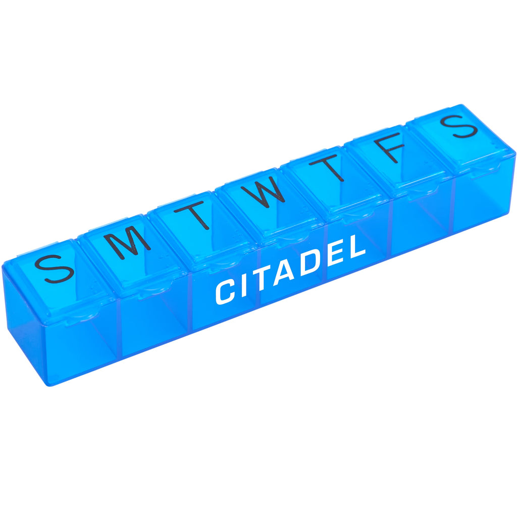 Seven Day Pill Box with Snap Lids - TrBlue - Front