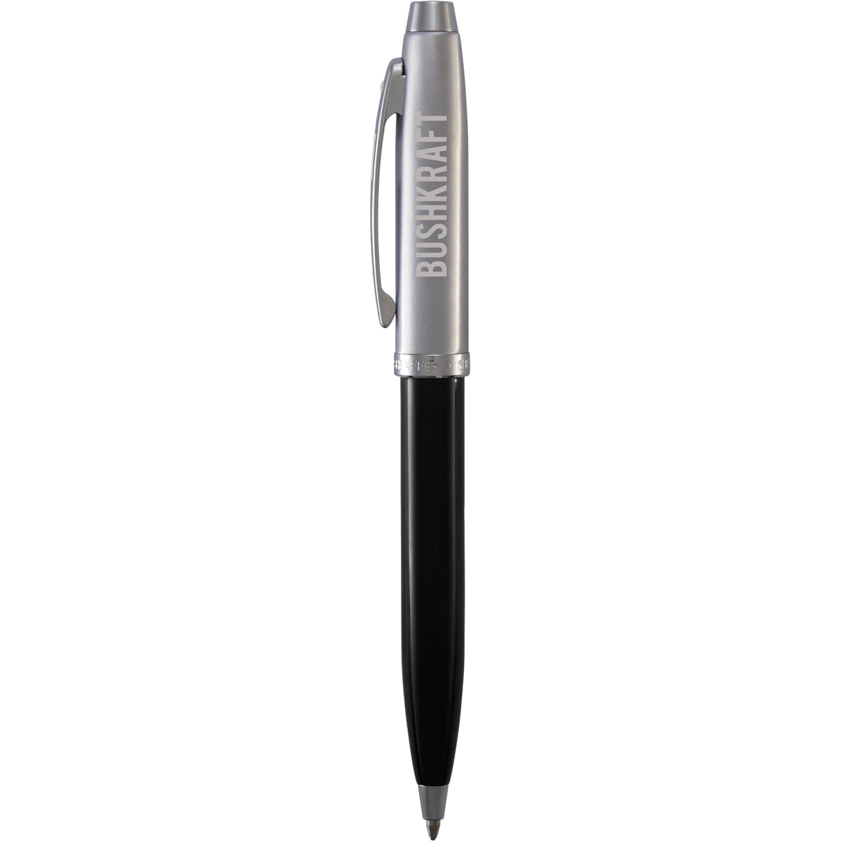 Sheaffer 100 Ballpoint Pen, Glossy Black and Chrome Laser Engraving - Black - Front