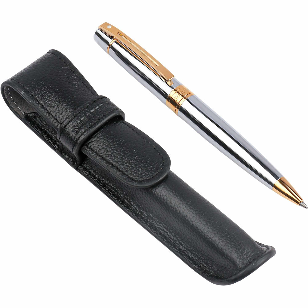 Sheaffer 300 Ballpoint Pen and Leather Pouch Gift Set Laser Engraving - Silver - Photo