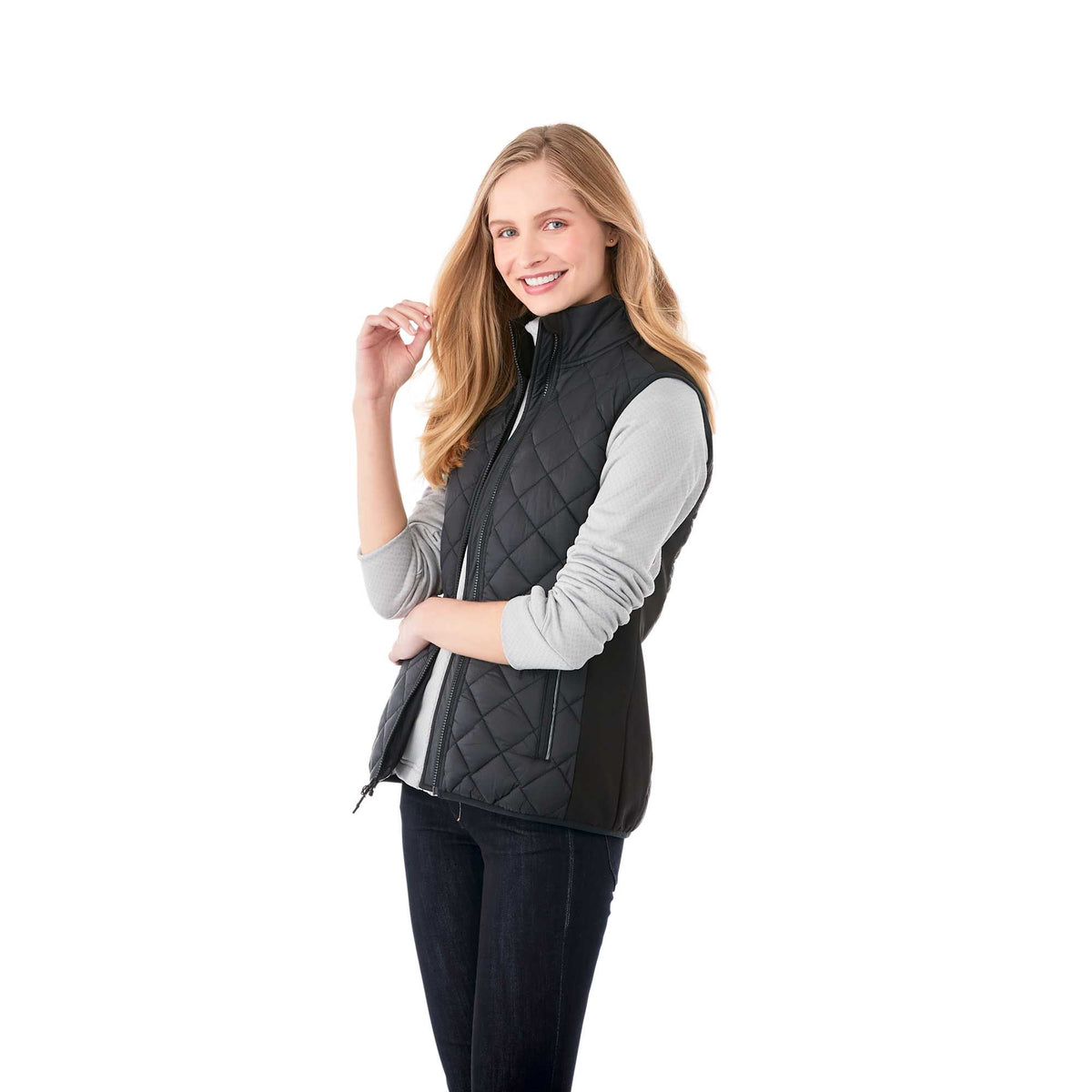 Shefford Heated Puffer Vest for Women Embroidery - Black/Black - Front On Model
