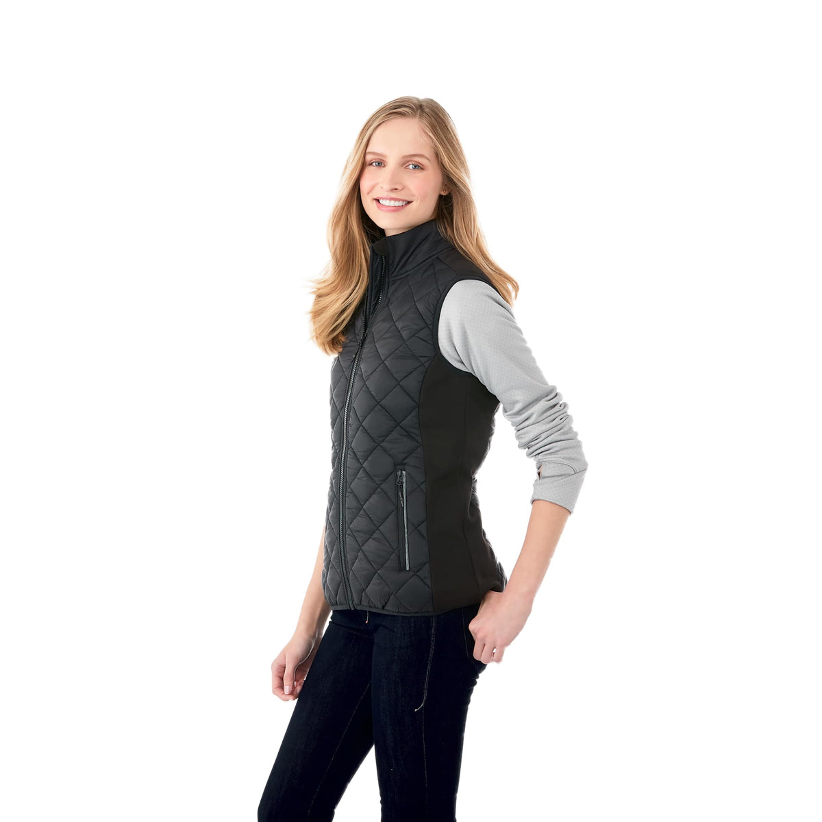 Shefford Heated Puffer Vest for Women Embroidery - Black/Black - On Model 2