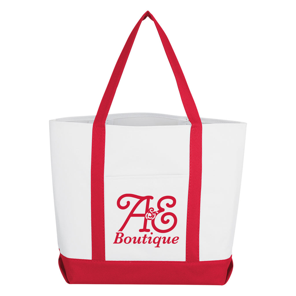 Shopper Tote Bag with Pocket - White with Red - Silk Screen