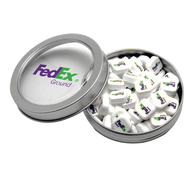 Short Round Candy Tin with Window and Printed Mints