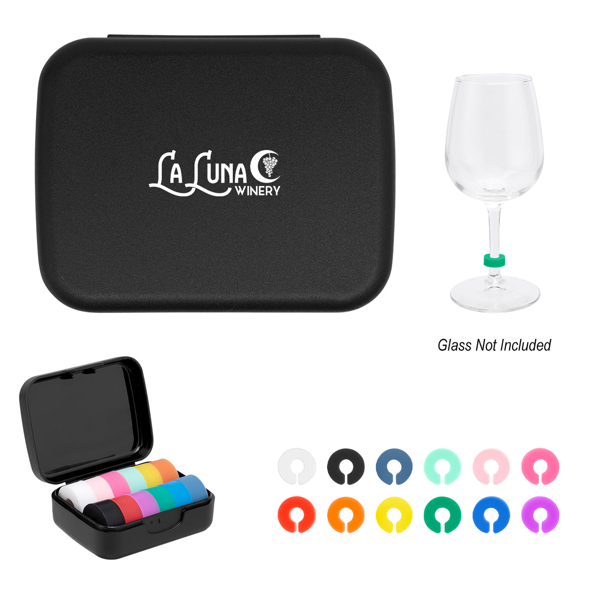 Silicone Wine Glass Markers in a Recycled Case - Black - Silk Screen